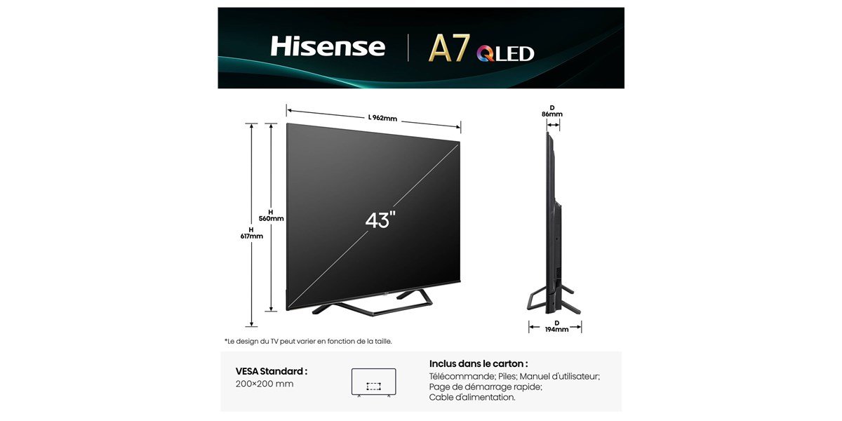 Hisense 43A7Q - Téléviseur QLED 4K de 108 cm
