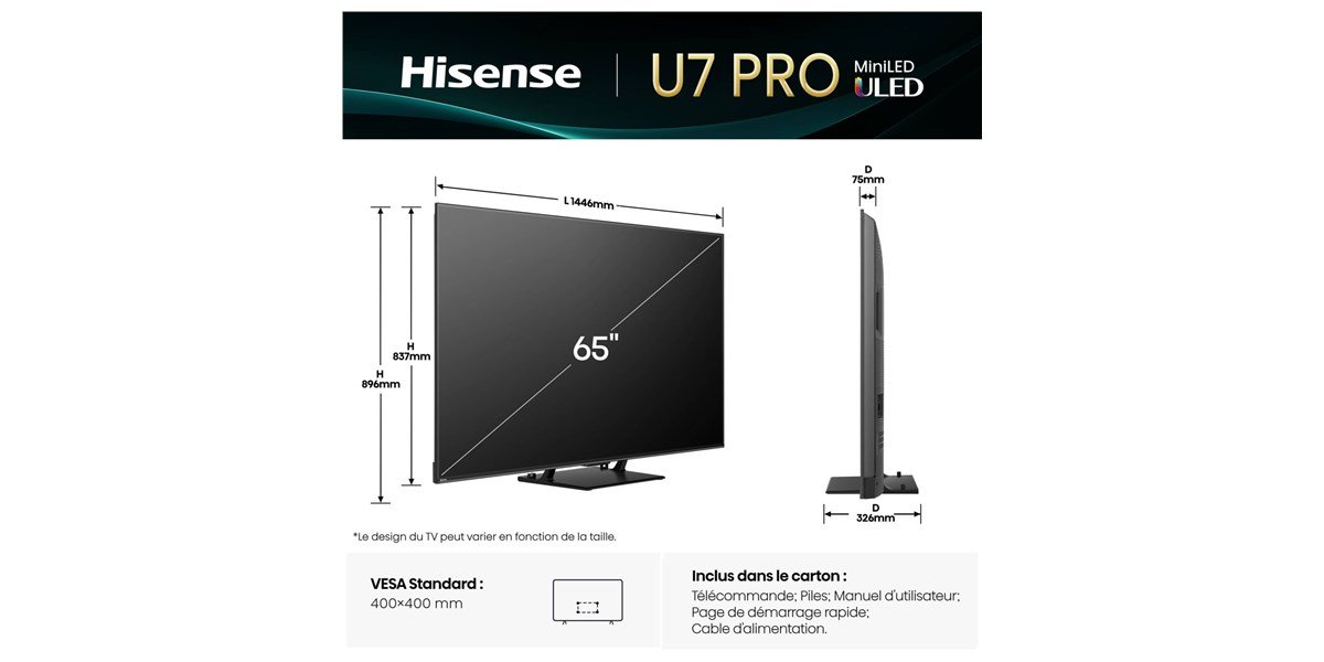 Hisense 65U7Q Pro - Téléviseur QLED 4K de 164 cm